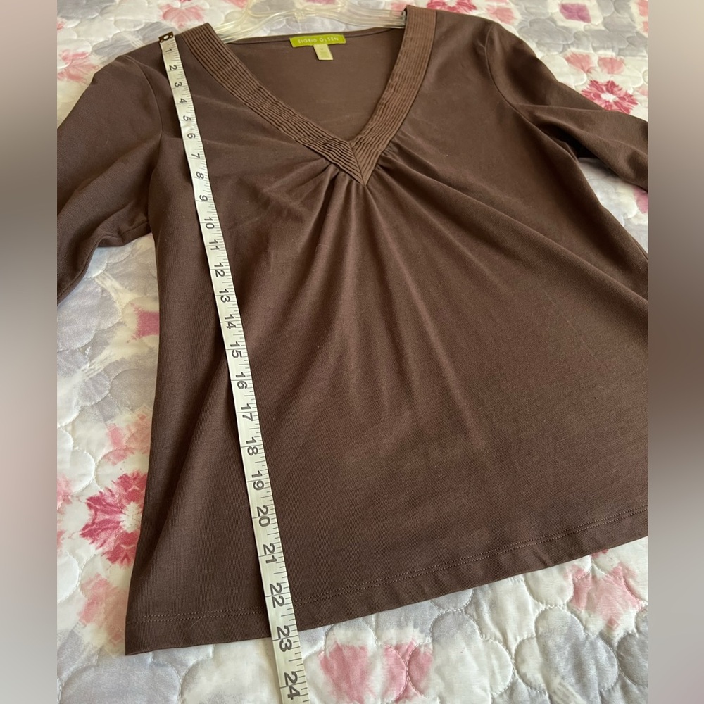 Sigrid Olsen Brown V-Neck 100% Cotton Long Sleeve Top Women’s Medium - Picture 3 of 8